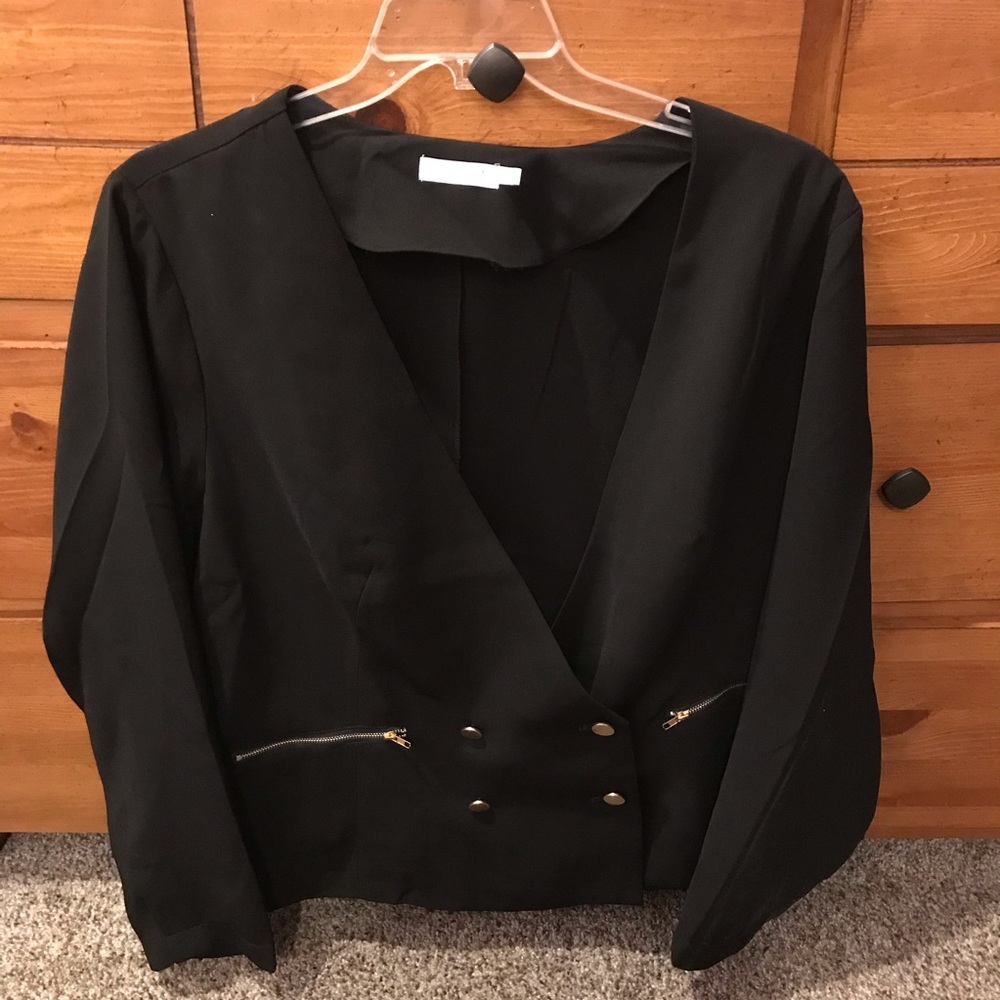 Black Blazer with Gold Button and Zipper Detail